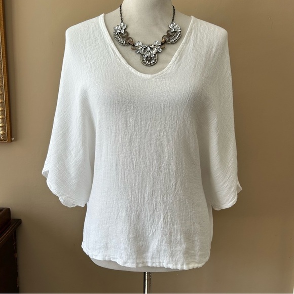 Meo Meli White Linen Boxy Dolman Short Sleeve Top Kimono Blouse Size M L - Picture 1 of 11